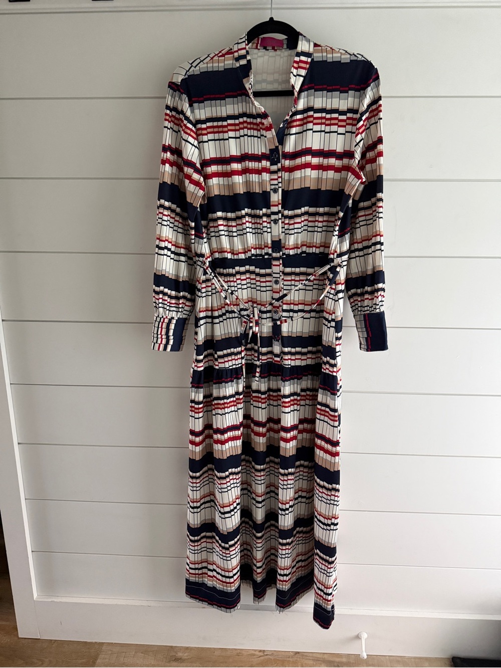MDRN Striped Button-Front Maxi Dress in Navy, Red & Cream, Size Medium